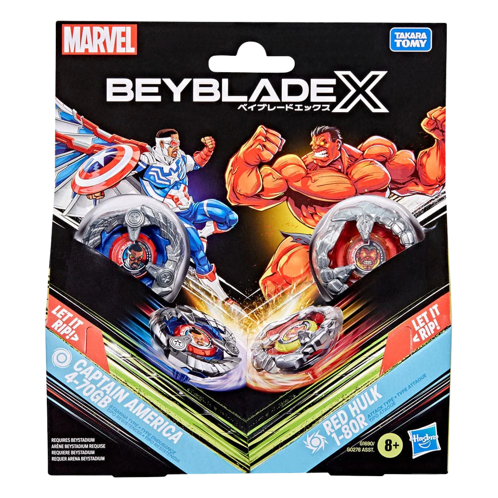 Beyblade X and Marvel Collab Captain America 4-70GB vs. Red Hulk 1-80R