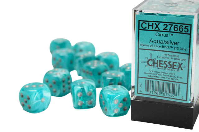 Chessex 16mm d6 with pips Dice Blocks (12 Dice) - Cirrus Aqua w/silver