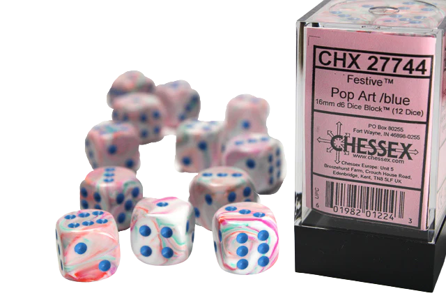 Chessex 16mm d6 with pips Dice Blocks (12 Dice) - Festive Polyhedral Pop Art /blue