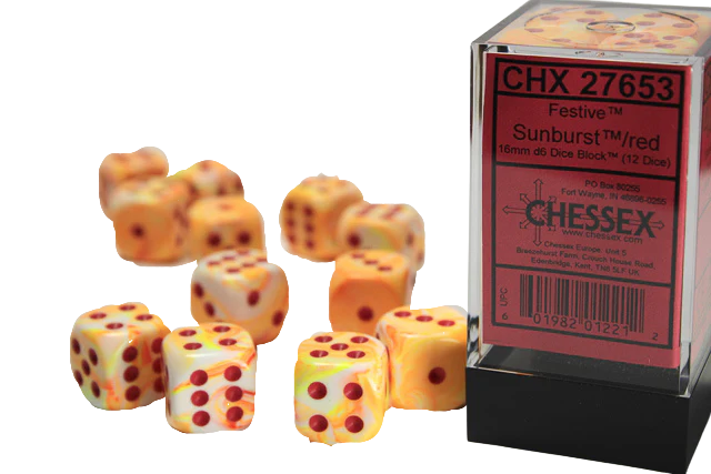 Chessex 16mm d6 with pips Dice Blocks (12 Dice) - Festive Sunburst w/red