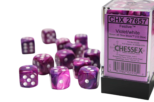 Chessex 16mm d6 with pips Dice Blocks (12 Dice) - Festive Violet w/white