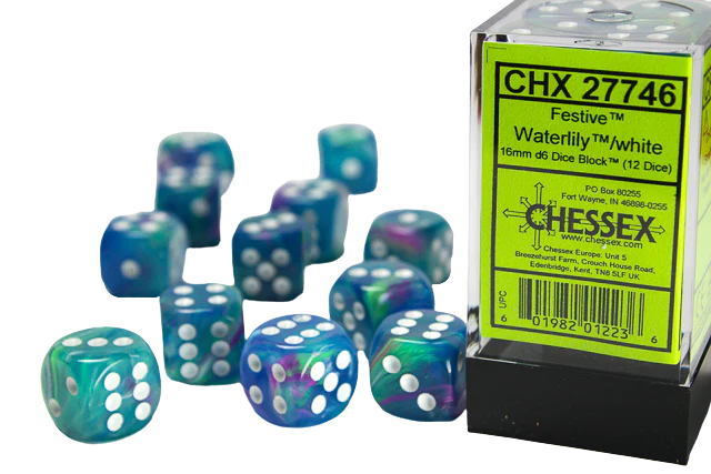Chessex 16mm d6 with pips Dice Blocks (12 Dice) - Festive Waterlily/white