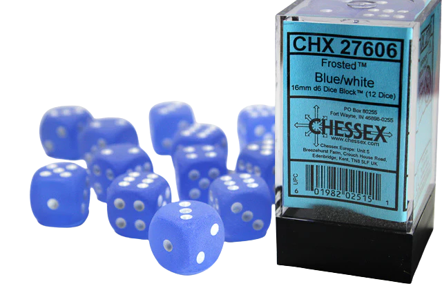 Chessex 16mm d6 with pips Dice Blocks (12 Dice) - Frosted Blue w/white