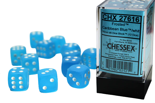 Chessex 16mm d6 with pips Dice Blocks (12 Dice) - Frosted Caribbean Blue w/white