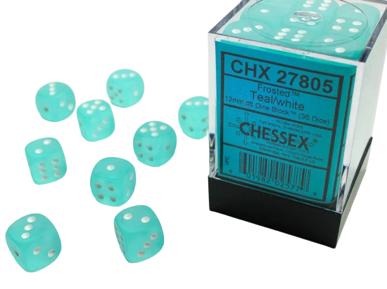 Chessex 16mm d6 with pips Dice Blocks (12 Dice) - Frosted Teal w/white