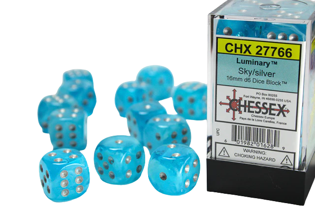 Chessex 16mm d6 with pips Dice Blocks (12 Dice) - Luminary Sky/silver