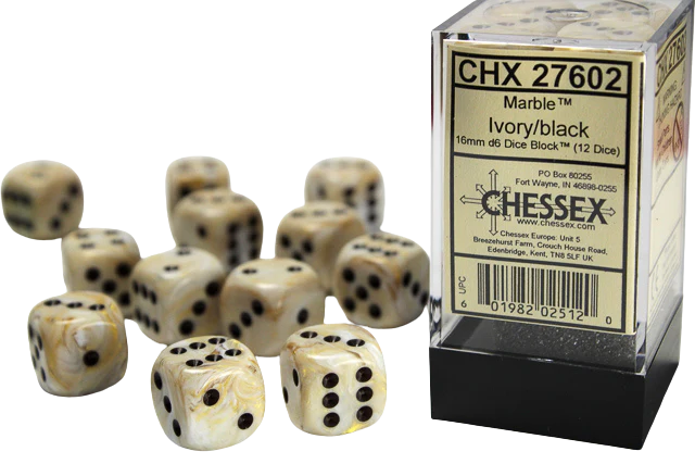 Chessex 16mm d6 with pips Dice Blocks (12 Dice) - Marble Ivory w/black