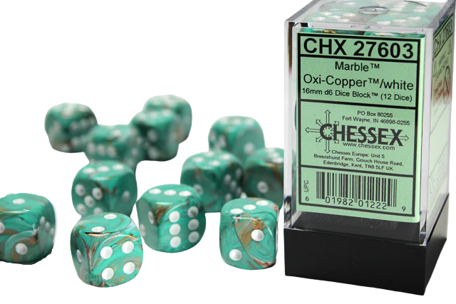 Chessex 16mm d6 with pips Dice Blocks (12 Dice) - Marble Oxi‑Copper/white