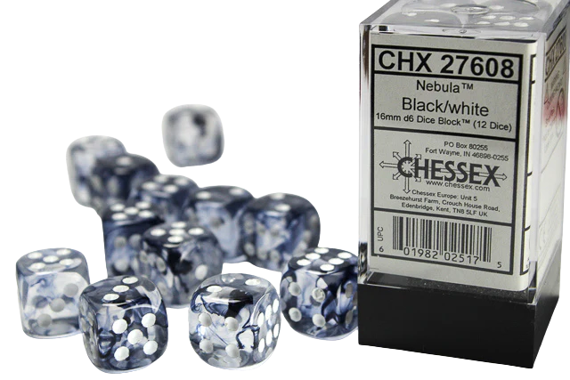 Chessex 16mm d6 with pips Dice Blocks (12 Dice) - Nebula Black w/white