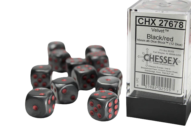 Chessex 16mm d6 with pips Dice Blocks (12 Dice) - Velvet Black w/red