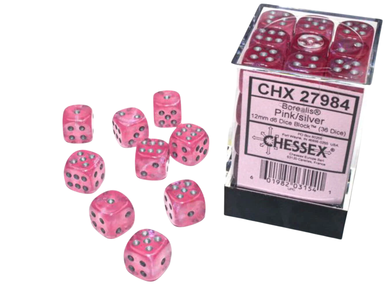 Chessex Borealis 12mm d6 Pink/silver Luminary Dice Block (36 dice)
