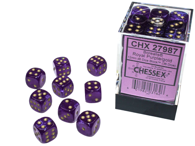 Chessex Borealis 12mm d6 Royal Purple/gold Luminary Dice Block (36 dice)