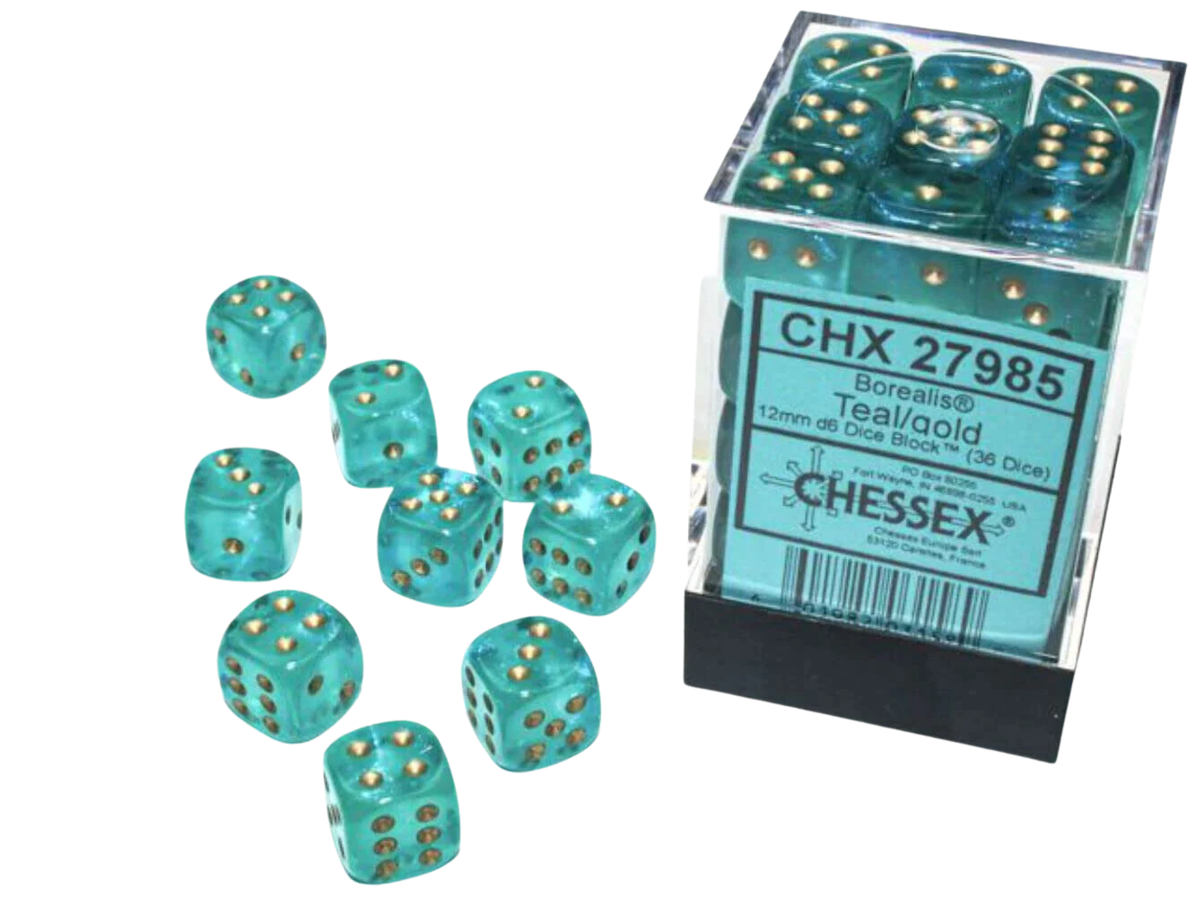 Chessex Borealis 12mm d6 Teal/gold Luminary Dice Block (36 dice)
