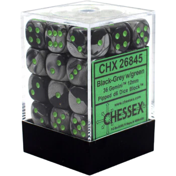 Chessex Dice Block: Gemini Black-Grey w/green - 12mm D6 (36)