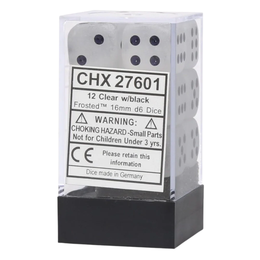 Chessex Dice Block: Frosted Clear w/black - 16mm D6 (12)