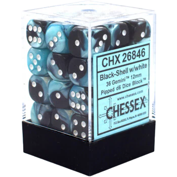 Chessex Dice Block: Gemini Black-Shell w/white - 12mm D6 (36)
