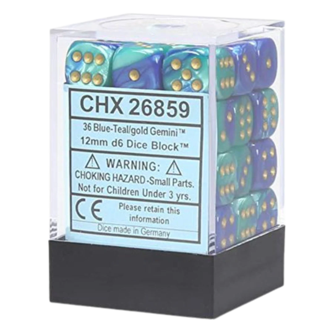 Chessex Dice Block: Gemini Blue-Teal w/gold - 12mm D6 (36)