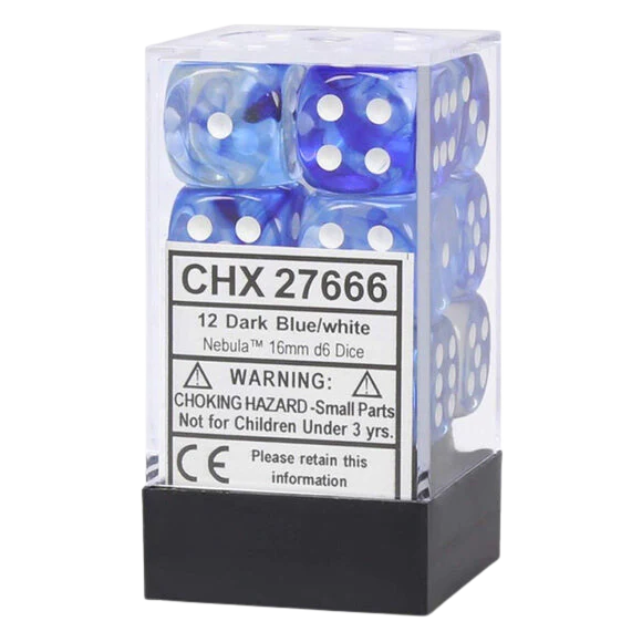 Chessex Dice Block: Nebula Dark Blue/white 16mm d6 Dice Block (12 dice)