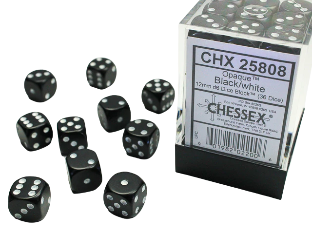 Chessex Dice Block: Opaque Black w/white - 12mm D6 (36)