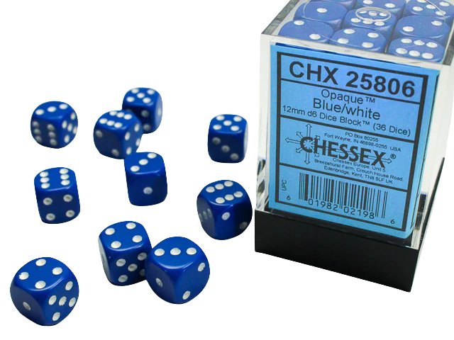 Chessex Dice Block: Opaque Blue w/white - 12mm D6 (36)