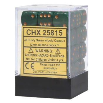 Chessex Dice Block: Opaque Dusty Green w/gold - 12mm D6 (36)