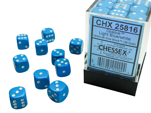 Chessex Dice Block: Opaque Light Blue w/white - 12mm D6 (36)