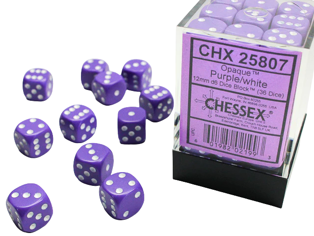 Chessex Dice Block: Opaque Purple w/white - 12mm D6 (36)