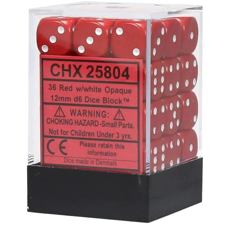 Chessex Dice Block: Opaque Red w/white - 12mm D6 (36)