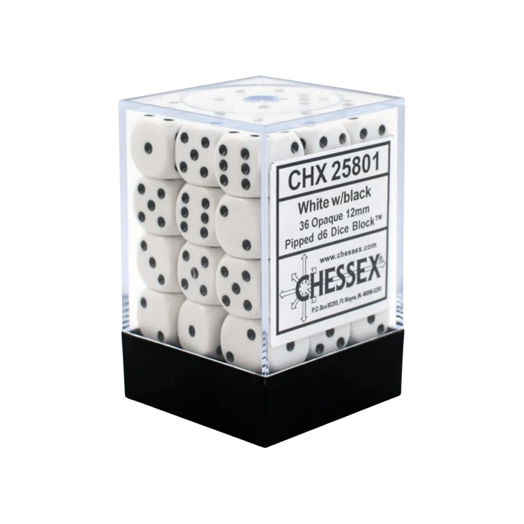 Chessex Dice Block: Opaque White w/black - 12mm D6 (36)