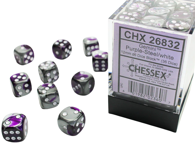 Chessex Dice Block: Gemini Purple-Steel w/white - 12mm D6 (36)