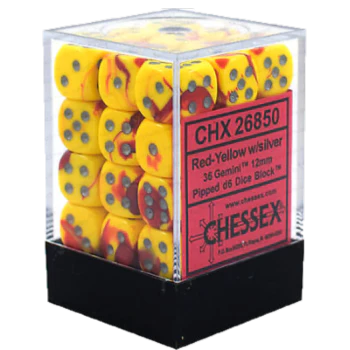 Chessex Dice Block: Gemini Red-Yellow w/silver - 12mm D6 (36)