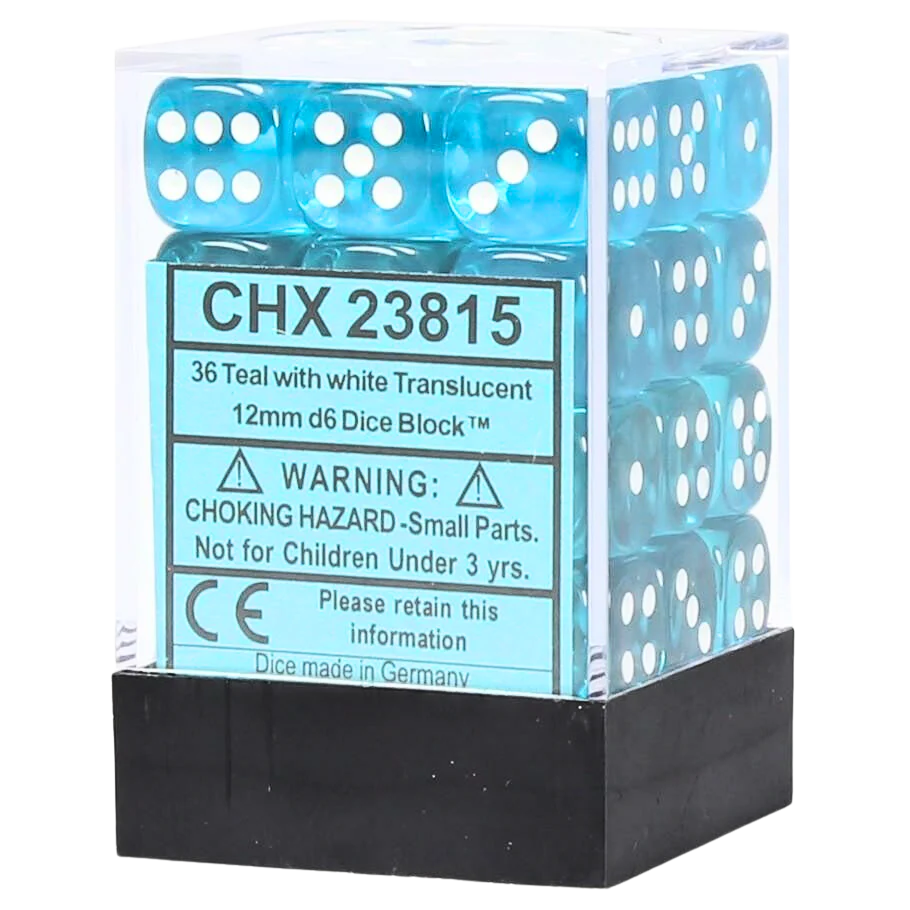 Chessex Dice Block: Translucent Teal w/white - 12mm D6 (36)