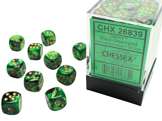 Chessex Gemini 12mm d6 Dice Blocks with pips Dice Blocks (36 Dice) - Black-Green w/gold