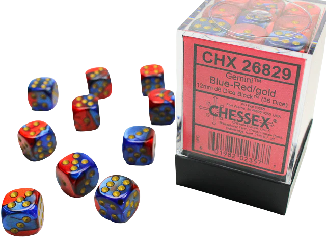 Chessex Gemini 12mm d6 Dice Blocks with pips Dice Blocks (36 Dice) - Blue-Red w/gold