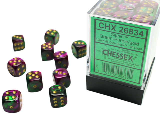 Chessex Gemini 12mm d6 Dice Blocks with pips Dice Blocks (36 Dice) - Green-Purple w/gold