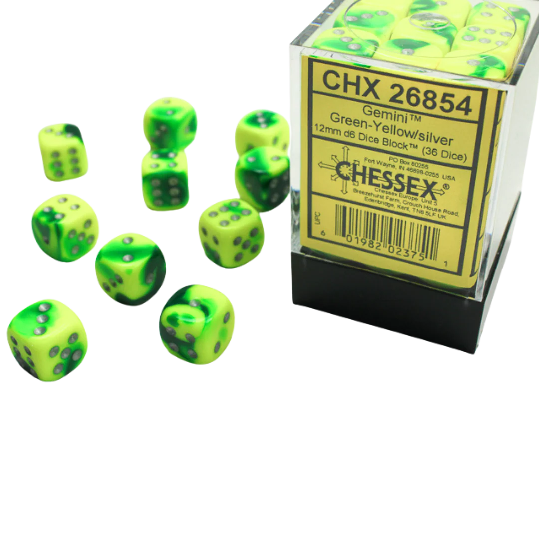 Chessex Gemini 12mm d6 Dice Blocks with pips Dice Blocks (36 Dice) - GreenYellow w/silver