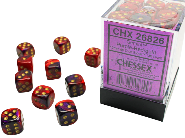 Chessex - Gemini 12mm d6 Dice Blocks with pips Dice Blocks (36 Dice) - Purple-Red w/gold