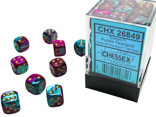Chessex - Gemini 12mm d6 Dice Blocks with pips Dice Blocks (36 Dice) - Purple-Teal w/gold