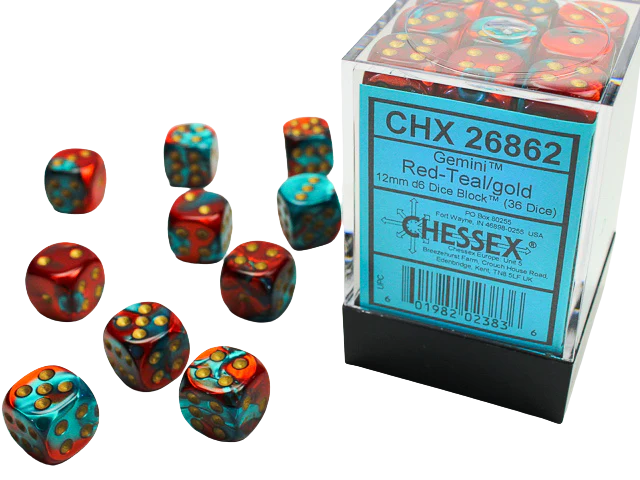 Chessex - Gemini 12mm d6 Dice Blocks with pips Dice Blocks (36 Dice) - Red-Teal with gold