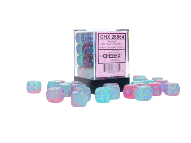 Chessex Gemini 12mm d6 Gel Green-Pink/blue Luminary Dice Block (36 dice)