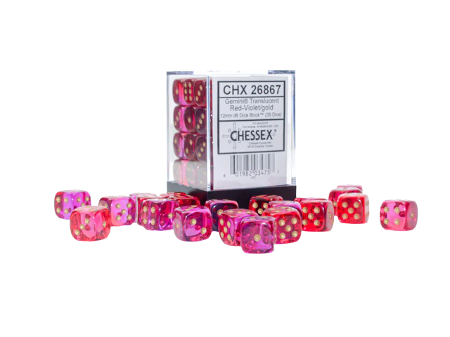 Chessex Gemini 12mm d6 Translucent Red-Violet/gold Dice Block (36 dice)