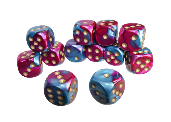Chessex Gemini 16mm d6 with pips Dice Blocks (12 Dice) - Purple-Teal w/gold