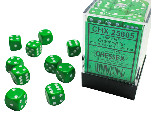 Chessex Opaque 12mm d6 with pips Dice Blocks (36 Dice) - Green w/white