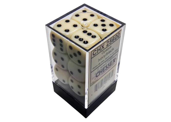 Chessex Opaque 16mm d6 with pips Dice Blocks (12 Dice) - Ivory w/black