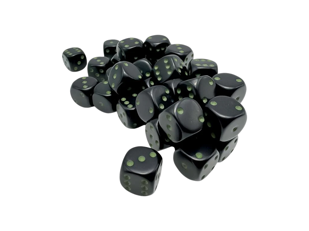 Chessex - Opaque Black/green 12mm d6 Dice Block (36 dice)