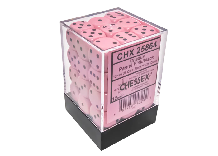 Chessex Opaque Pastel Pink/black 12mm d6 Dice Block (36 dice)