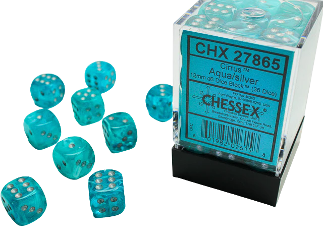 Chessex Signature 12mm d6 with pips Dice Blocks (36 Dice) - Cirrus Aqua w/silver