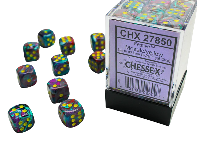 Chessex - Signature 12mm d6 with pips Dice Blocks (36 Dice) - Festive Mosaic/yellow