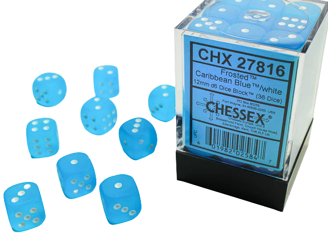 Chessex - Signature 12mm d6 with pips Dice Blocks (36 Dice) - Frosted Caribbean Blue w/white