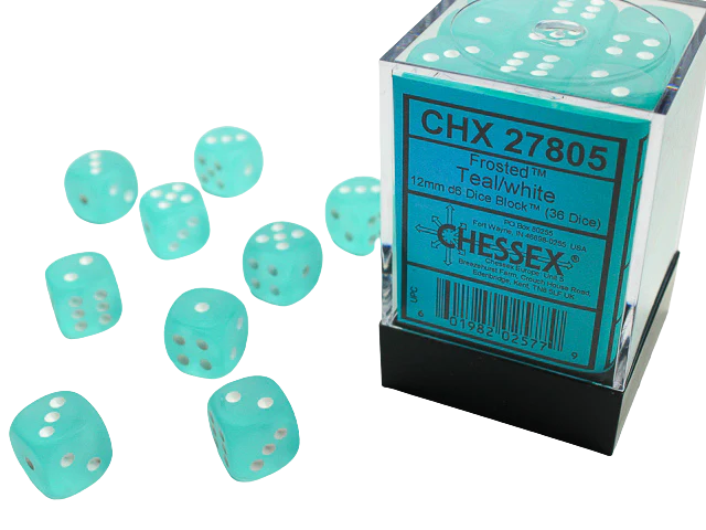 Chessex Signature 12mm d6 with pips Dice Blocks (36 Dice) - Frosted Teal w/white